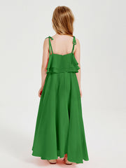 Abiti Damigella Junior Lunghi In Chiffon Spalline Sottili Con Fiocco Verde
