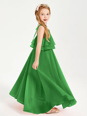 Abiti Damigella Junior Lunghi In Chiffon Spalline Sottili Con Fiocco Verde