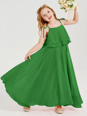 Abiti Damigella Junior Lunghi In Chiffon Spalline Sottili Con Fiocco Verde