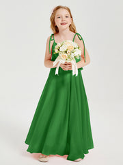 Abiti Damigella Junior Lunghi In Chiffon Spalline Sottili Con Fiocco Verde