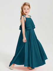 Abiti Damigella Junior Lunghi In Chiffon Spalline Sottili Con Fiocco Blu Inchiostro