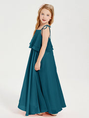 Abiti Damigella Junior Lunghi In Chiffon Spalline Sottili Con Fiocco Blu Inchiostro