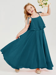Abiti Damigella Junior Lunghi In Chiffon Spalline Sottili Con Fiocco Blu Inchiostro