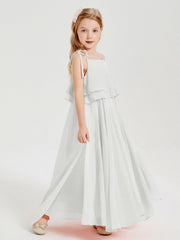 Abiti Damigella Junior Lunghi In Chiffon Spalline Sottili Con Fiocco Avorio