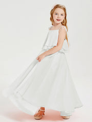 Abiti Damigella Junior Lunghi In Chiffon Spalline Sottili Con Fiocco Avorio
