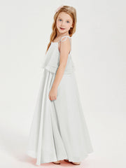 Abiti Damigella Junior Lunghi In Chiffon Spalline Sottili Con Fiocco Avorio