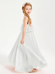 Abiti Damigella Junior Lunghi In Chiffon Spalline Sottili Con Fiocco Avorio