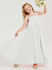 Abiti Damigella Junior Lunghi In Chiffon Spalline Sottili Con Fiocco Avorio