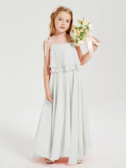 Abiti Damigella Junior Lunghi In Chiffon Spalline Sottili Con Fiocco Avorio