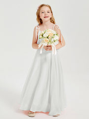 Abiti Damigella Junior Lunghi In Chiffon Spalline Sottili Con Fiocco Avorio