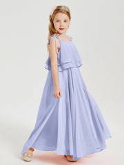 Abiti Damigella Junior Lunghi In Chiffon Spalline Sottili Con Fiocco Lavanda