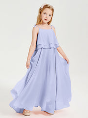 Abiti Damigella Junior Lunghi In Chiffon Spalline Sottili Con Fiocco Lavanda