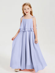 Abiti Damigella Junior Lunghi In Chiffon Spalline Sottili Con Fiocco Lavanda