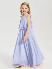Abiti Damigella Junior Lunghi In Chiffon Spalline Sottili Con Fiocco Lavanda