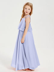 Abiti Damigella Junior Lunghi In Chiffon Spalline Sottili Con Fiocco Lavanda