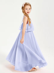 Abiti Damigella Junior Lunghi In Chiffon Spalline Sottili Con Fiocco Lavanda