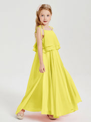 Abiti Damigella Junior Lunghi In Chiffon Spalline Sottili Con Fiocco Limone