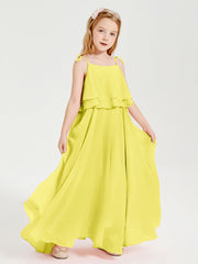 Abiti Damigella Junior Lunghi In Chiffon Spalline Sottili Con Fiocco Limone