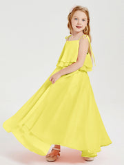 Abiti Damigella Junior Lunghi In Chiffon Spalline Sottili Con Fiocco Limone