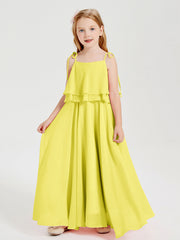 Abiti Damigella Junior Lunghi In Chiffon Spalline Sottili Con Fiocco Limone