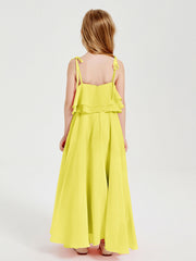 Abiti Damigella Junior Lunghi In Chiffon Spalline Sottili Con Fiocco Limone
