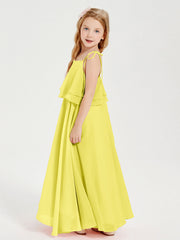 Abiti Damigella Junior Lunghi In Chiffon Spalline Sottili Con Fiocco Limone