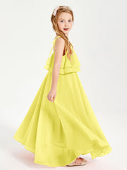 Abiti Damigella Junior Lunghi In Chiffon Spalline Sottili Con Fiocco Limone