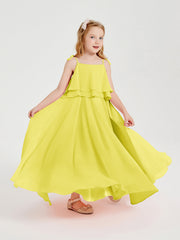 Abiti Damigella Junior Lunghi In Chiffon Spalline Sottili Con Fiocco Limone