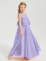 Abiti Damigella Junior Lunghi In Chiffon Spalline Sottili Con Fiocco Lilla