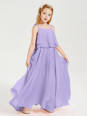 Abiti Damigella Junior Lunghi In Chiffon Spalline Sottili Con Fiocco Lilla