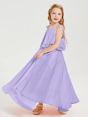 Abiti Damigella Junior Lunghi In Chiffon Spalline Sottili Con Fiocco Lilla