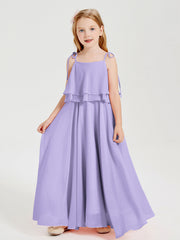 Abiti Damigella Junior Lunghi In Chiffon Spalline Sottili Con Fiocco Lilla