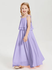 Abiti Damigella Junior Lunghi In Chiffon Spalline Sottili Con Fiocco Lilla