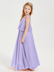 Abiti Damigella Junior Lunghi In Chiffon Spalline Sottili Con Fiocco Lilla