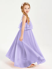 Abiti Damigella Junior Lunghi In Chiffon Spalline Sottili Con Fiocco Lilla