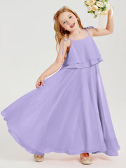 Abiti Damigella Junior Lunghi In Chiffon Spalline Sottili Con Fiocco Lilla
