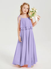 Abiti Damigella Junior Lunghi In Chiffon Spalline Sottili Con Fiocco Lilla