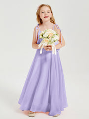 Abiti Damigella Junior Lunghi In Chiffon Spalline Sottili Con Fiocco Lilla