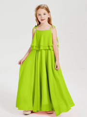 Abiti Damigella Junior Lunghi In Chiffon Spalline Sottili Con Fiocco Verde Lime