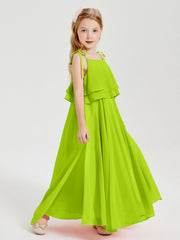 Abiti Damigella Junior Lunghi In Chiffon Spalline Sottili Con Fiocco Verde Lime