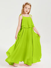 Abiti Damigella Junior Lunghi In Chiffon Spalline Sottili Con Fiocco Verde Lime