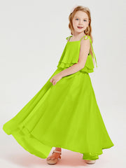 Abiti Damigella Junior Lunghi In Chiffon Spalline Sottili Con Fiocco Verde Lime