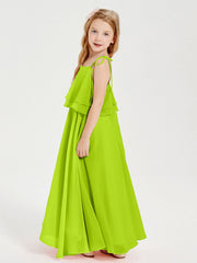 Abiti Damigella Junior Lunghi In Chiffon Spalline Sottili Con Fiocco Verde Lime