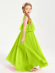 Abiti Damigella Junior Lunghi In Chiffon Spalline Sottili Con Fiocco Verde Lime