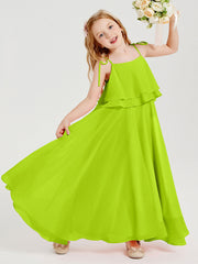 Abiti Damigella Junior Lunghi In Chiffon Spalline Sottili Con Fiocco Verde Lime