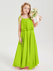 Abiti Damigella Junior Lunghi In Chiffon Spalline Sottili Con Fiocco Verde Lime