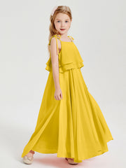 Abiti Damigella Junior Lunghi In Chiffon Spalline Sottili Con Fiocco Calendula