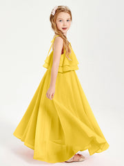 Abiti Damigella Junior Lunghi In Chiffon Spalline Sottili Con Fiocco Calendula