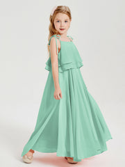 Abiti Damigella Junior Lunghi In Chiffon Spalline Sottili Con Fiocco Verde Menta