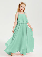 Abiti Damigella Junior Lunghi In Chiffon Spalline Sottili Con Fiocco Verde Menta